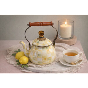 MacKenzie-Childs Parchment Teapot Retired Yellow Check Enamel Style
